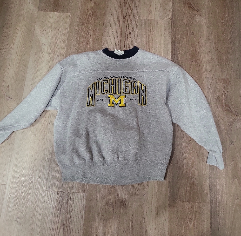 Gray Crewneck Sweater with Collegiate Graphic and Ribbed Details